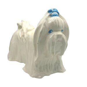 Porcelain Maltese Dog Figurine With Blue Bow